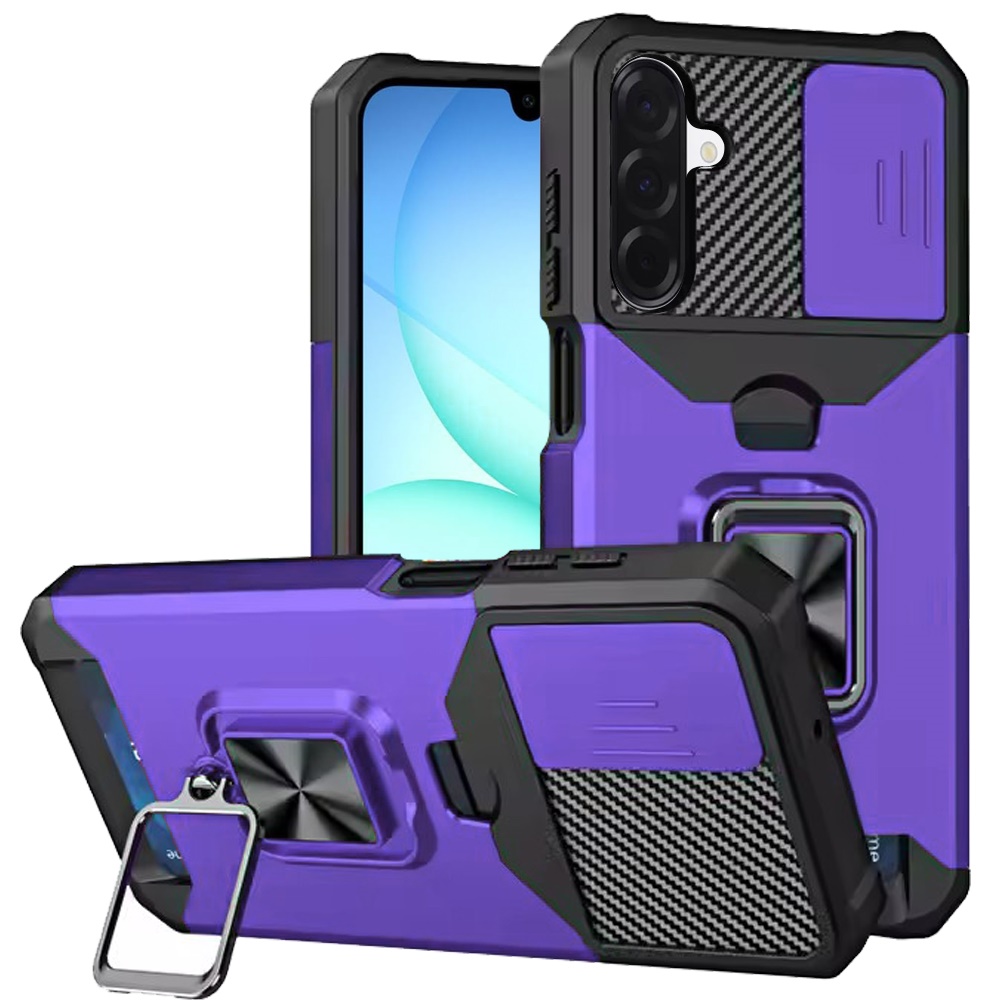 for samsung a17 5g multi functional card magnetic ring stand hybrid camera case cover dark purple
