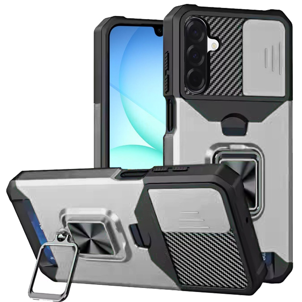 for samsung a17 5g multi functional card magnetic ring stand hybrid camera case cover silver