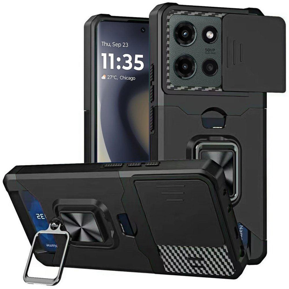 for motorola edge 2025 multi functional card magnetic ring stand hybrid camera case cover black
