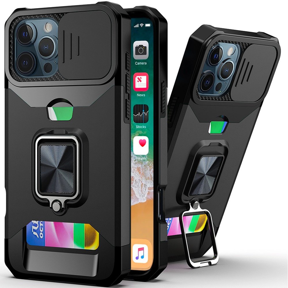 for iphone 16 pro 6.3 inch multi functional card magnetic ring stand hybrid camera case cover black