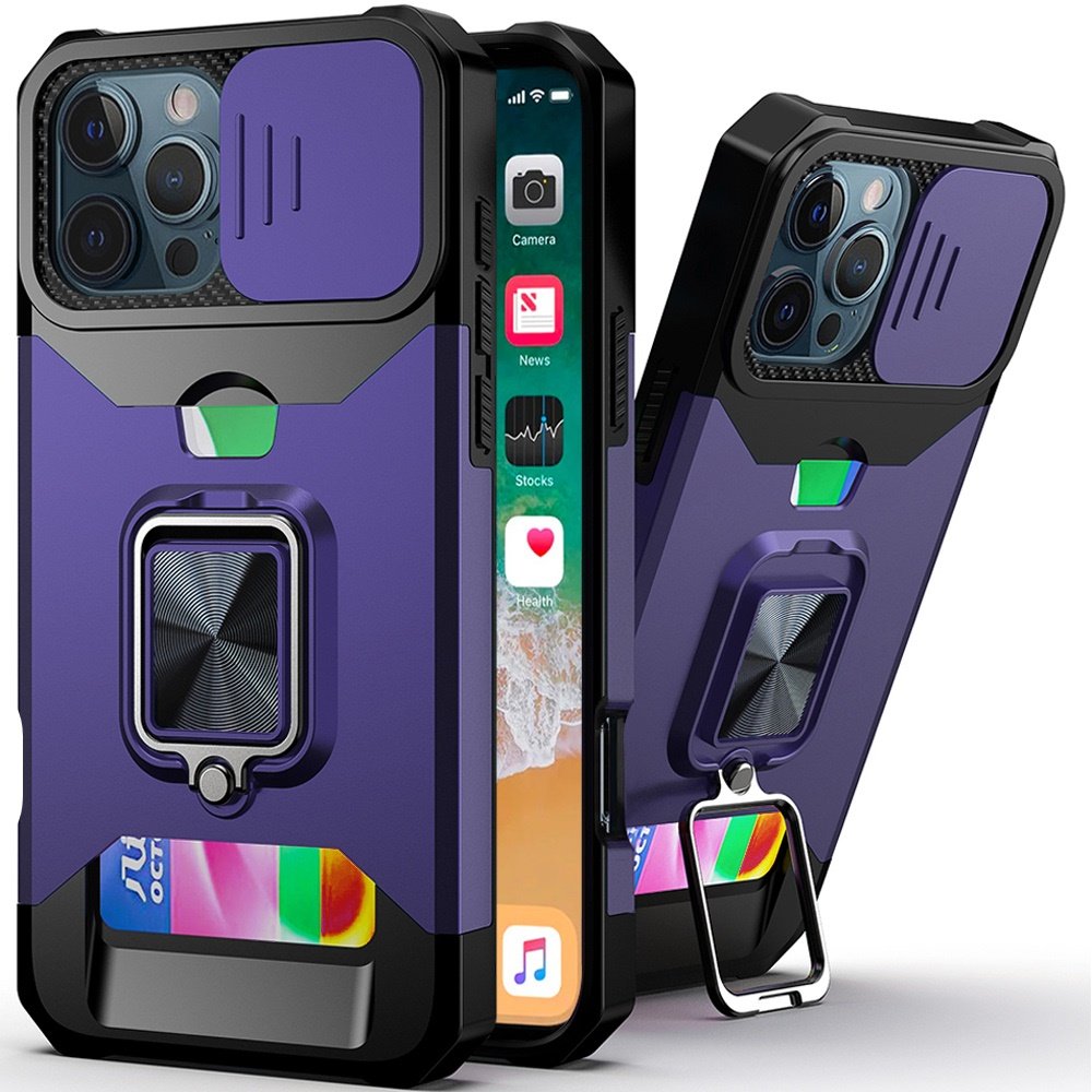 for iphone 16 pro 6.3 inch multi functional card magnetic ring stand hybrid camera case cover dark purple
