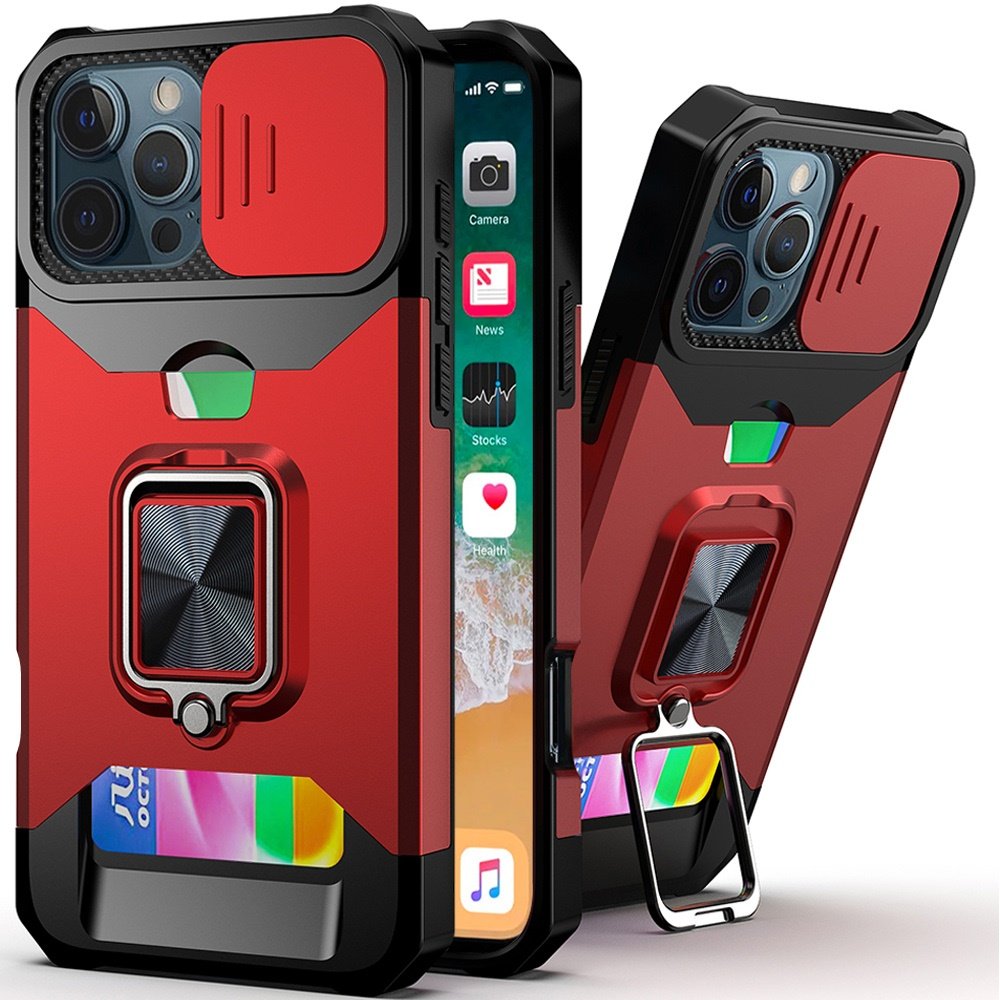 for iphone 16 pro max 6.9 inch multi functional card magnetic ring stand hybrid camera case cover red