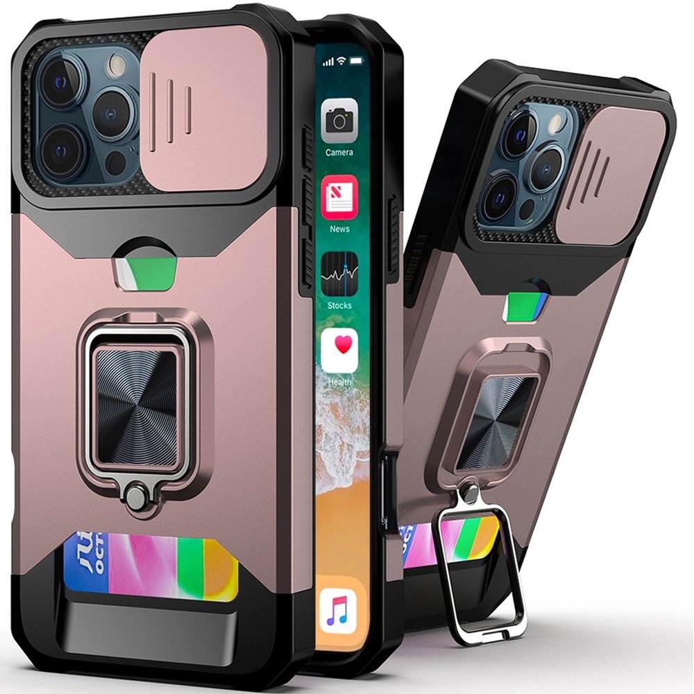 for iphone 16 pro max 6.9 inch multi functional card magnetic ring stand hybrid camera case cover rose gold