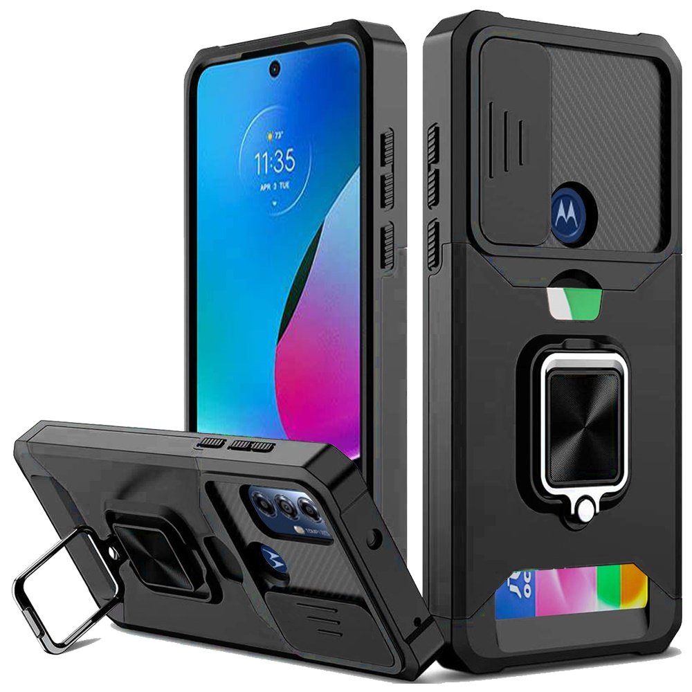 for moto g play 2023, g pure, g power (2022) multi functional card magnetic ring stand hybrid camera case cover black