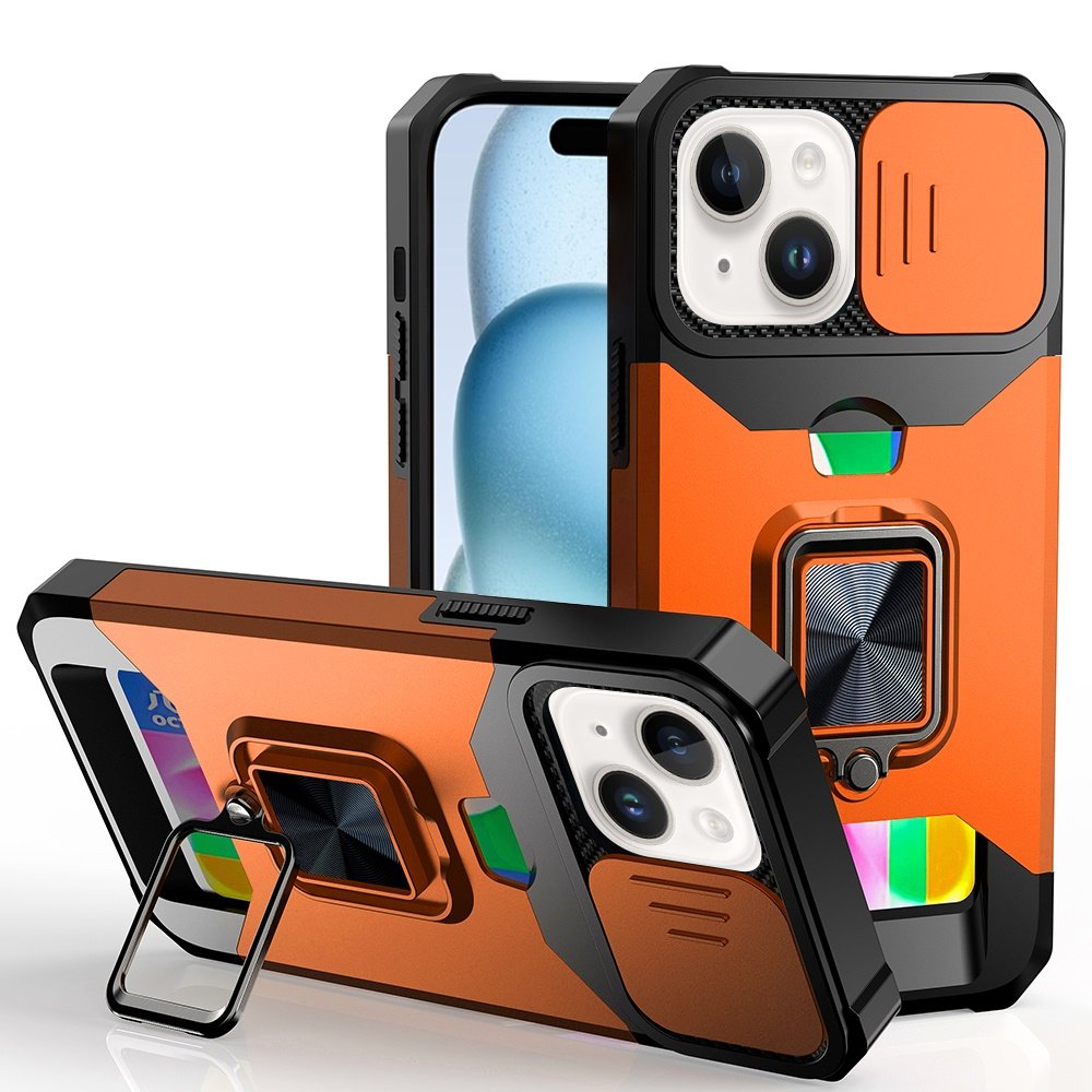 for iphone 15 plus/iphone 14 plus multi functional card magnetic ring stand hybrid camera case cover cosmic orange