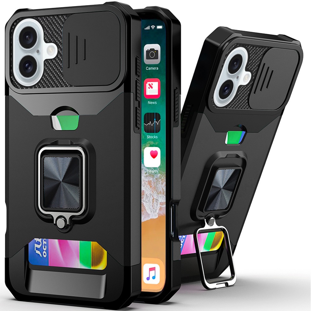 for iphone 16 plus 6.7 inch multi functional card magnetic ring stand hybrid camera case cover black