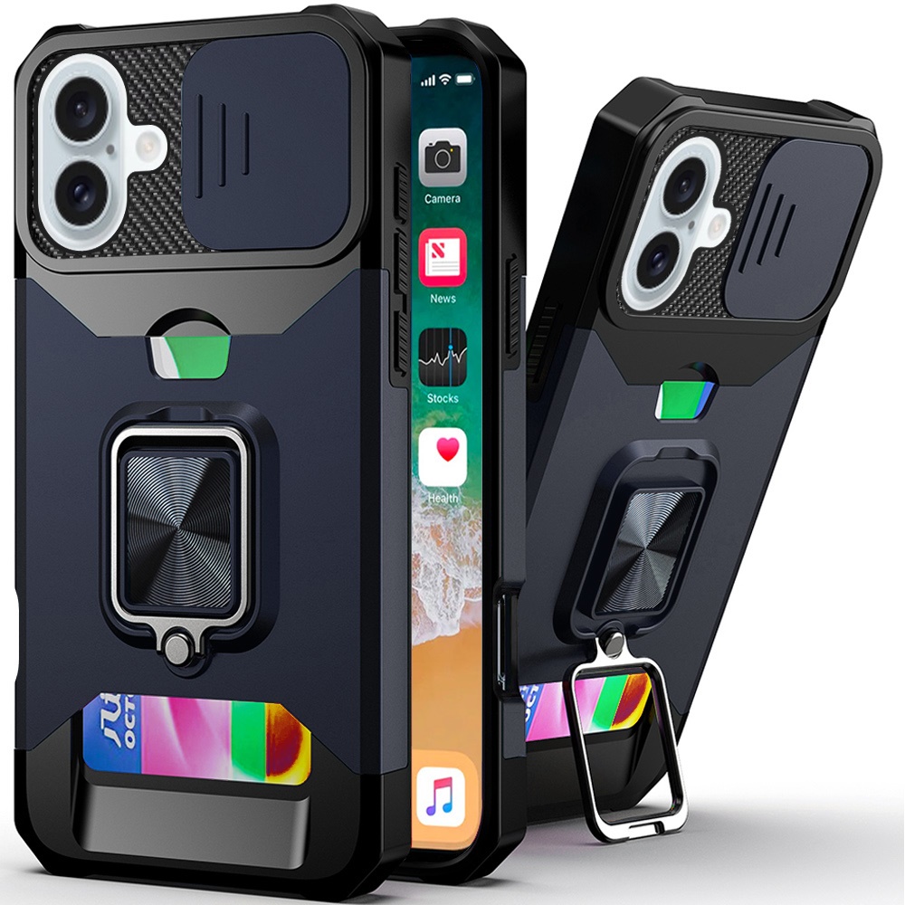 for iphone 16 plus 6.7 inch multi functional card magnetic ring stand hybrid camera case cover blue