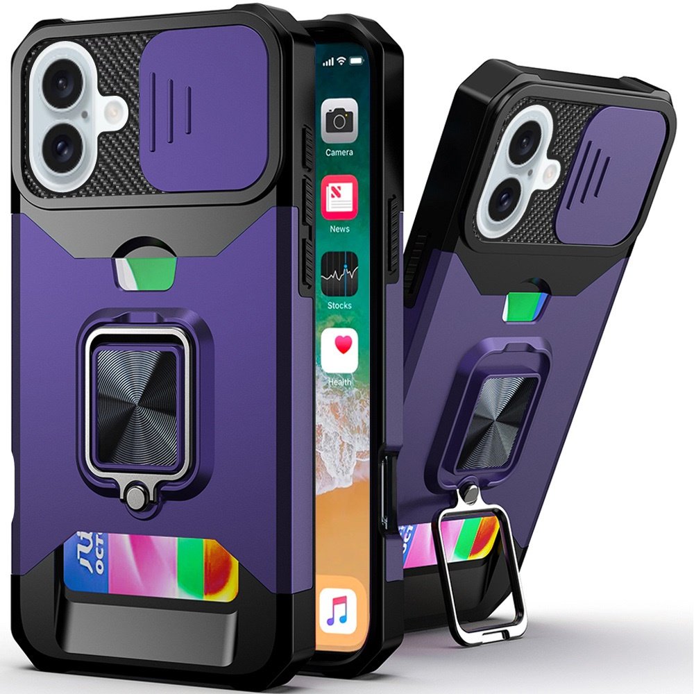 for iphone 16 plus 6.7 inch multi functional card magnetic ring stand hybrid camera case cover dark purple
