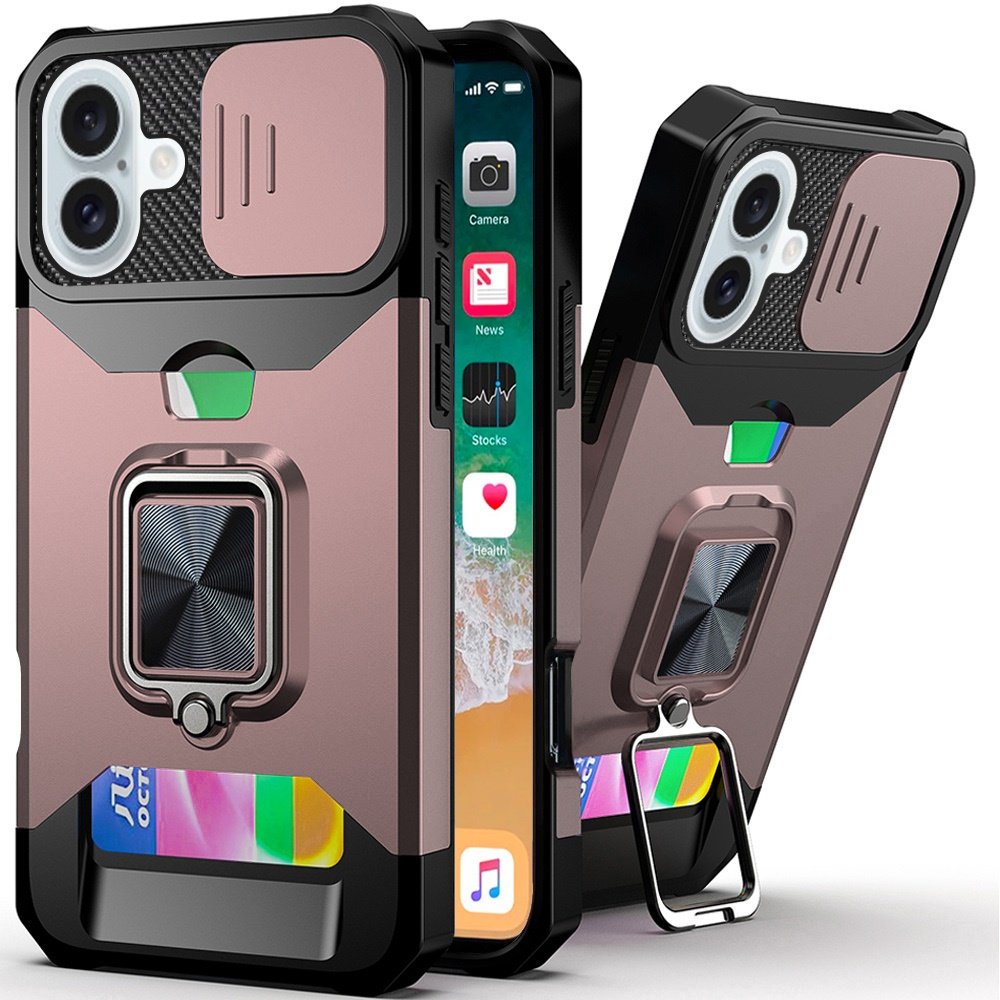 for iphone 16 plus 6.7 inch multi functional card magnetic ring stand hybrid camera case cover rose gold