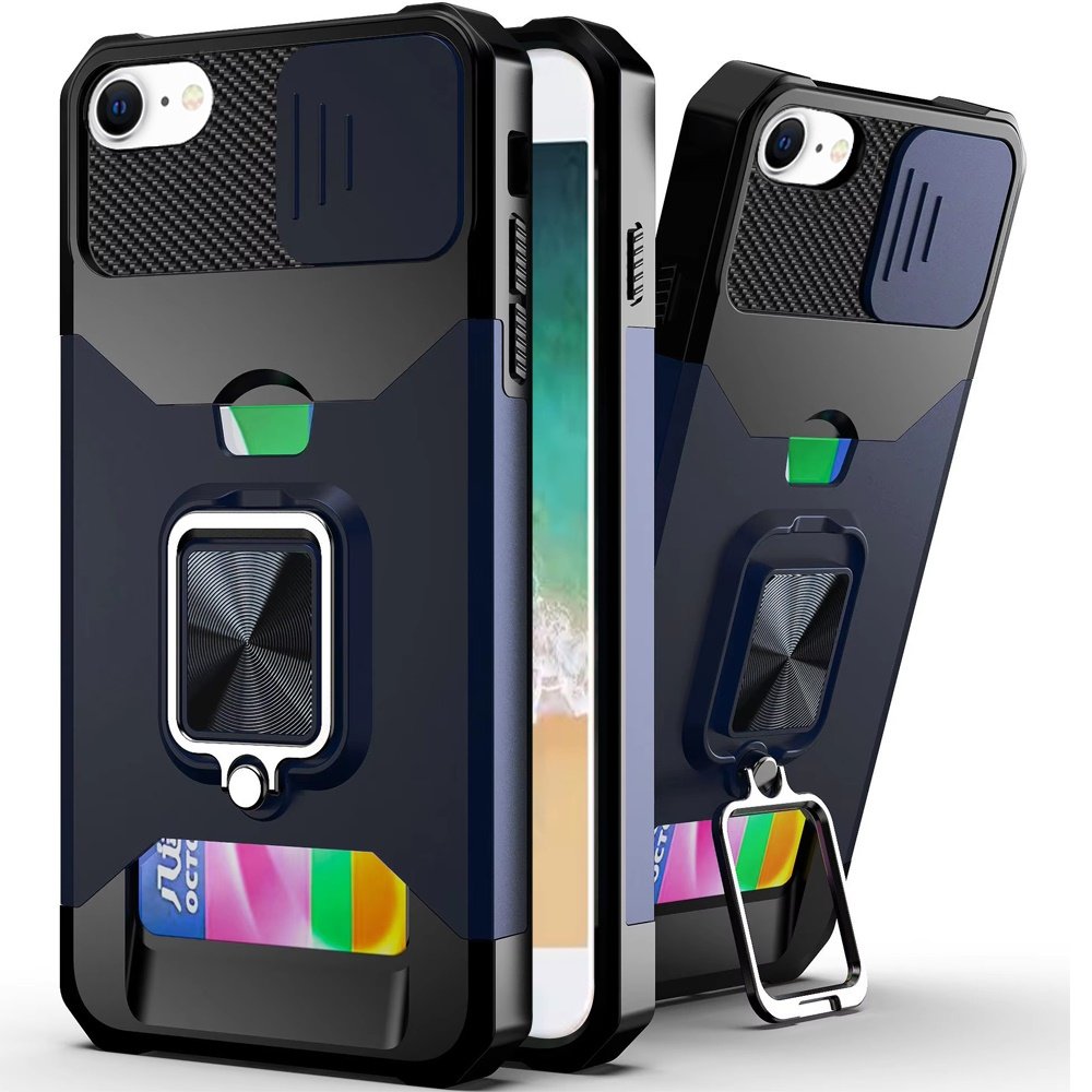 for iphone 17e / 16e / se4 multi functional card magnetic ring stand hybrid camera case cover blue