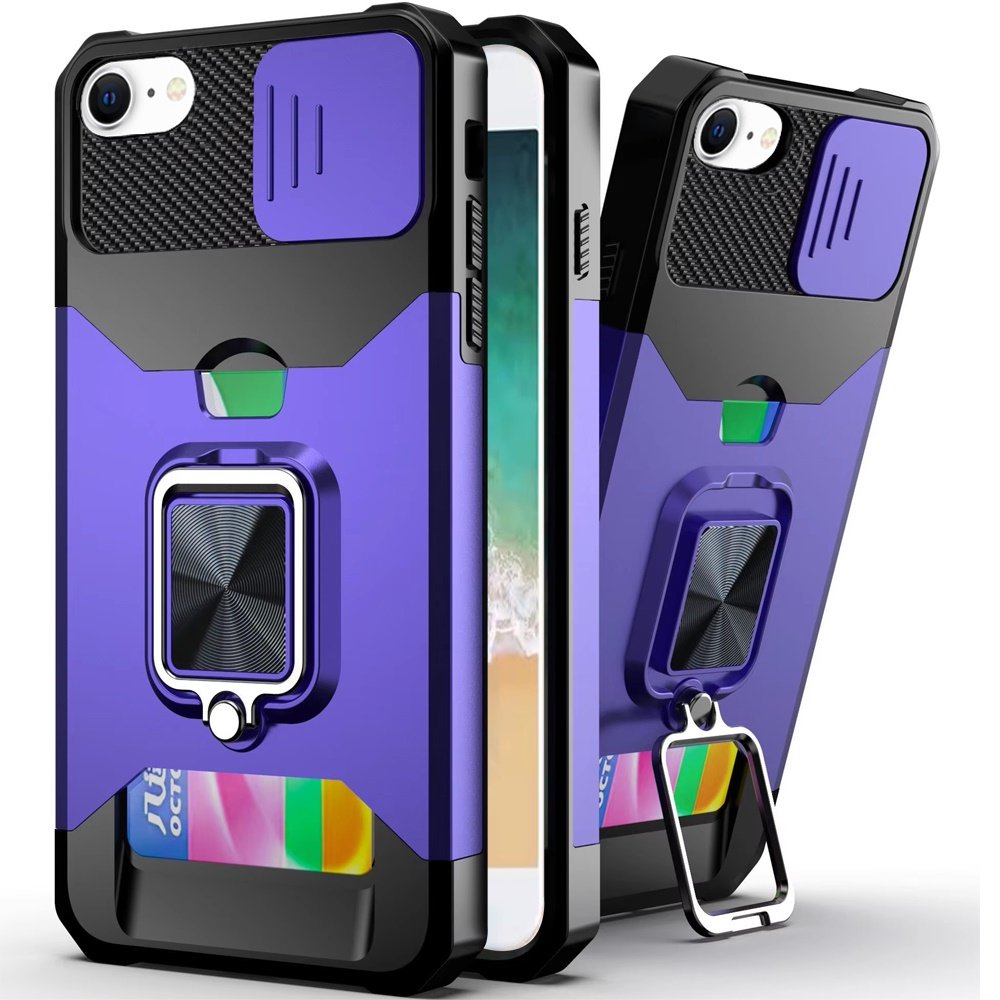 for iphone 17e / 16e / se4 multi functional card magnetic ring stand hybrid camera case cover dark purple