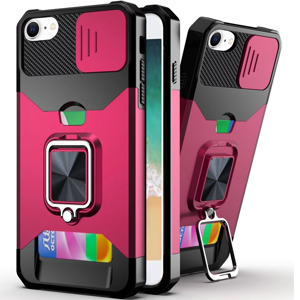 for iphone 17e / 16e / se4 multi functional card magnetic ring stand hybrid camera case cover hot pink
