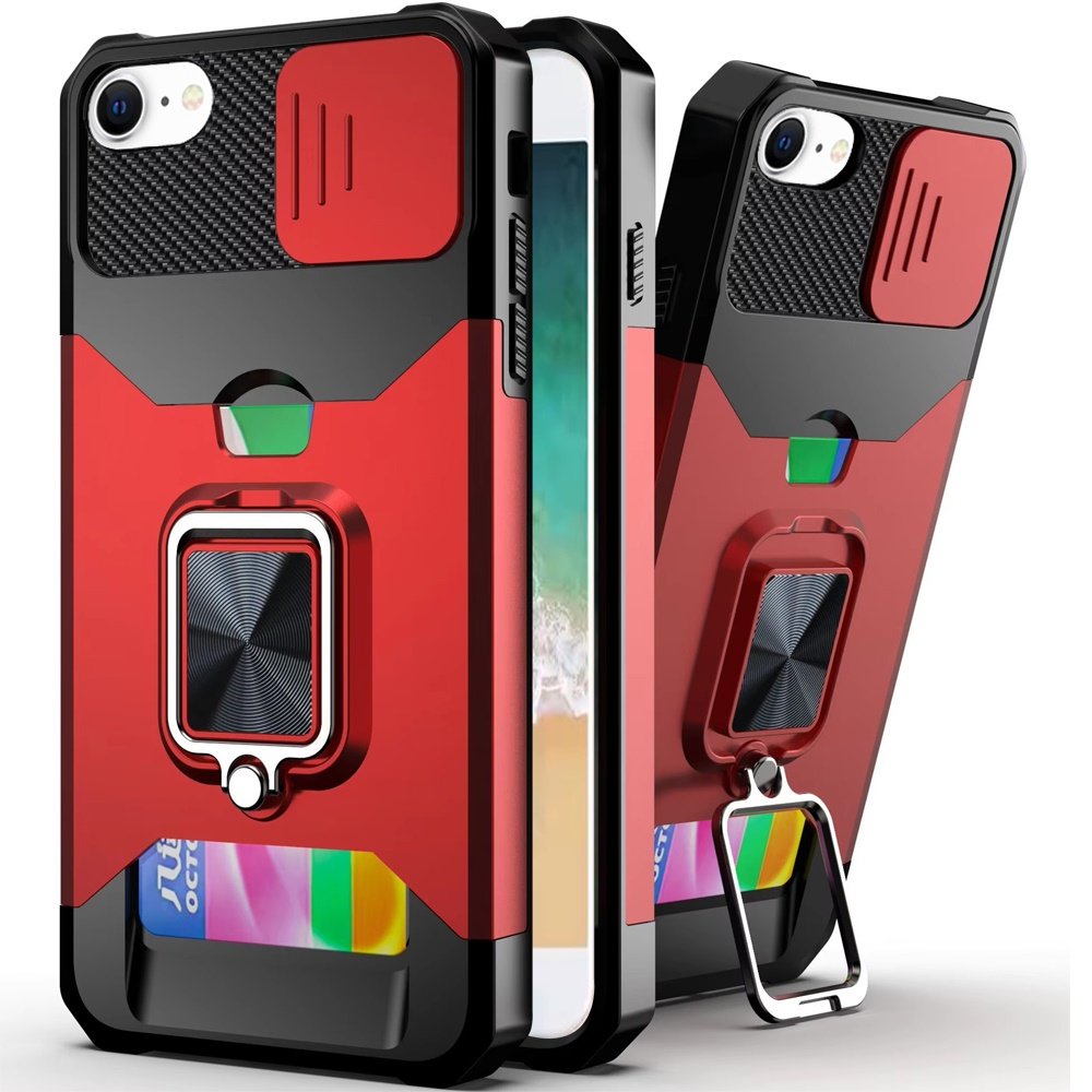 for iphone 17e / 16e / se4 multi functional card magnetic ring stand hybrid camera case cover red