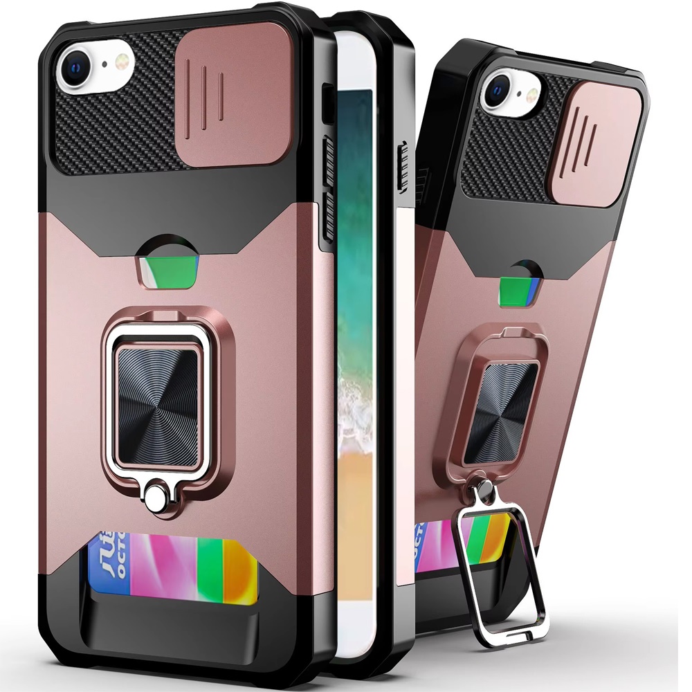 for iphone 17e / 16e / se4 multi functional card magnetic ring stand hybrid camera case cover rose gold
