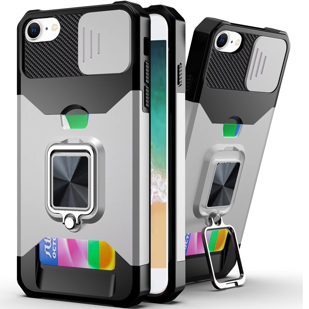 for iphone 17e / 16e / se4 multi functional card magnetic ring stand hybrid camera case cover silver