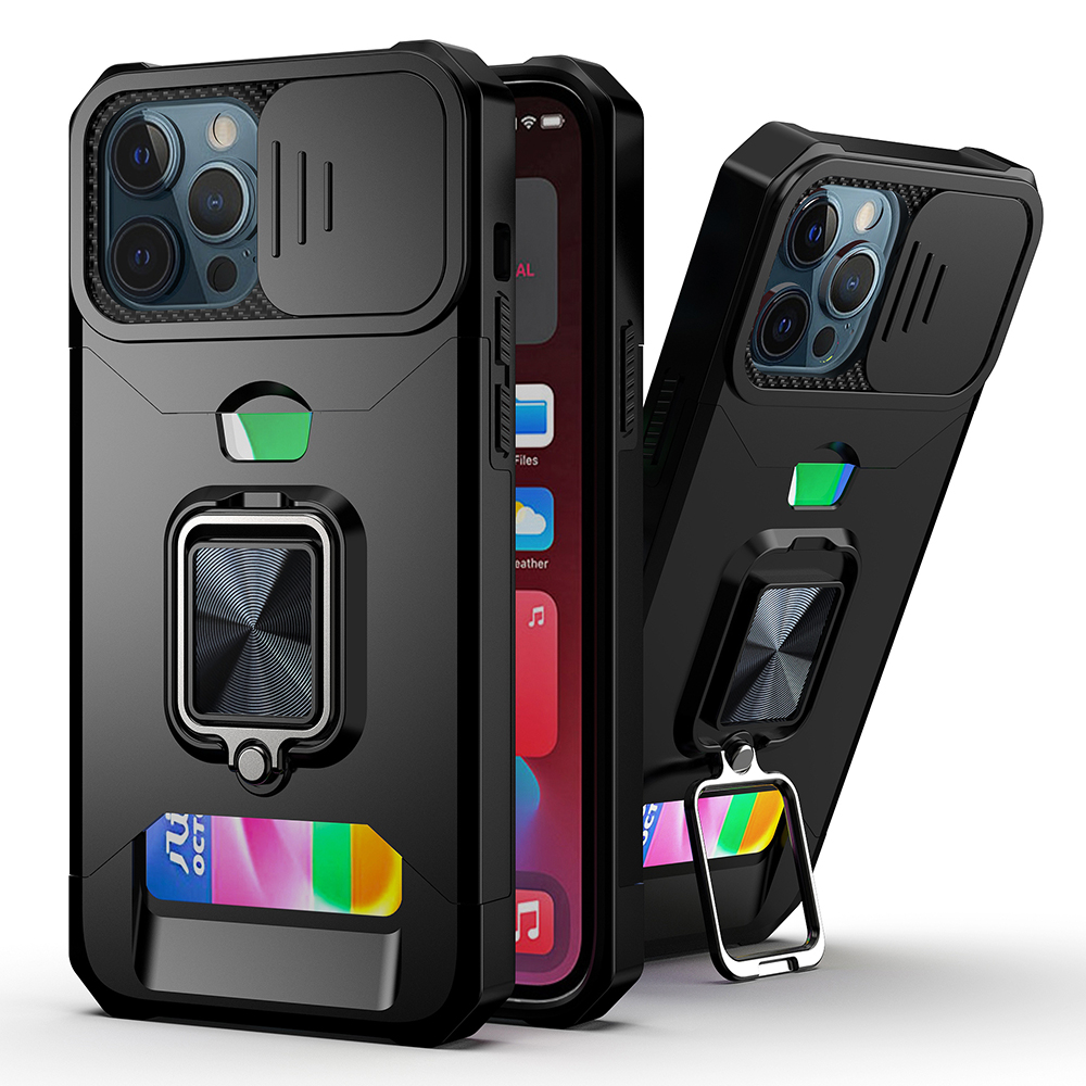 for iphone 13 pro max multi functional card magnetic ring stand hybrid camera case cover black