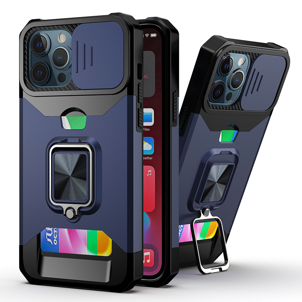 for iphone 13 pro max multi functional card magnetic ring stand hybrid camera case cover blue