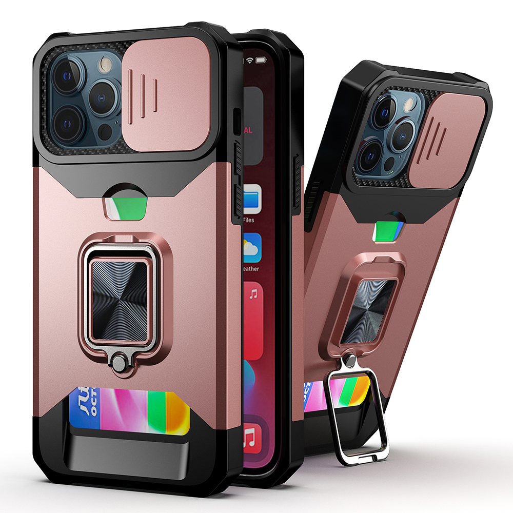 for apple iphone 14 pro max 6.7" multi functional card magnetic ring stand hybrid camera case cover rose gold