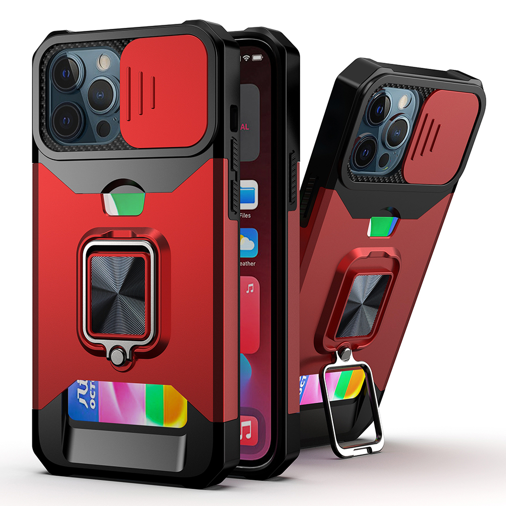 for iphone 13 pro max multi functional card magnetic ring stand hybrid camera case cover red