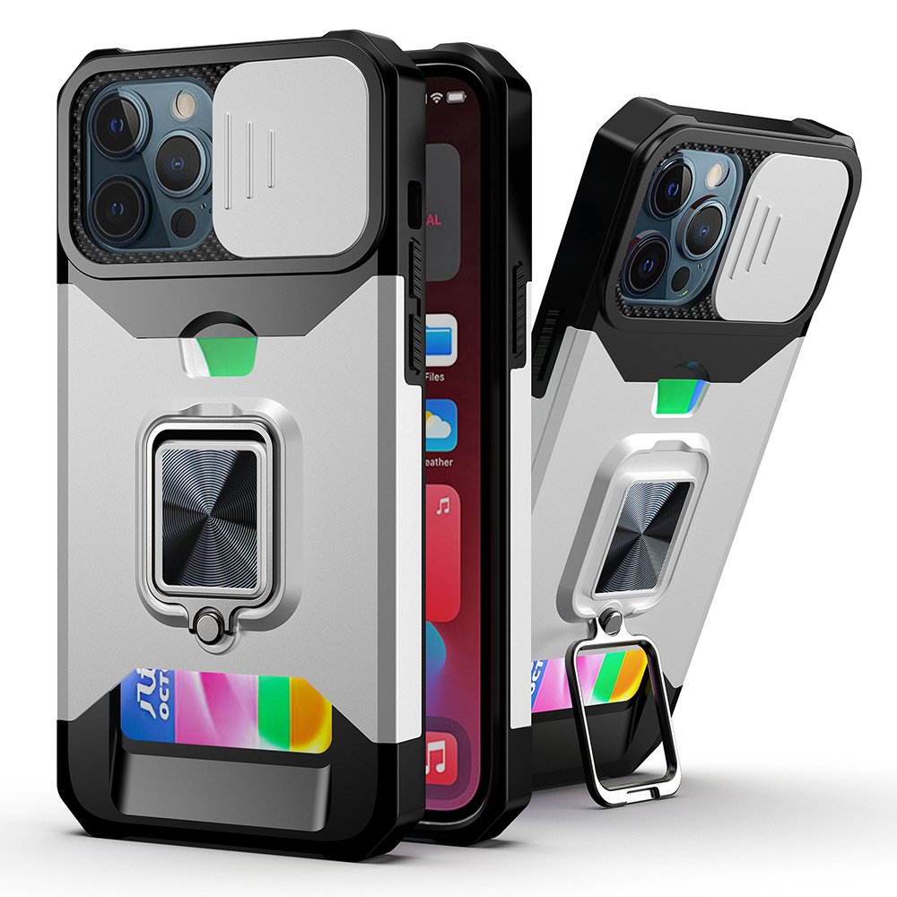 for iphone 15 multi functional card magnetic ring stand hybrid camera case cover silver