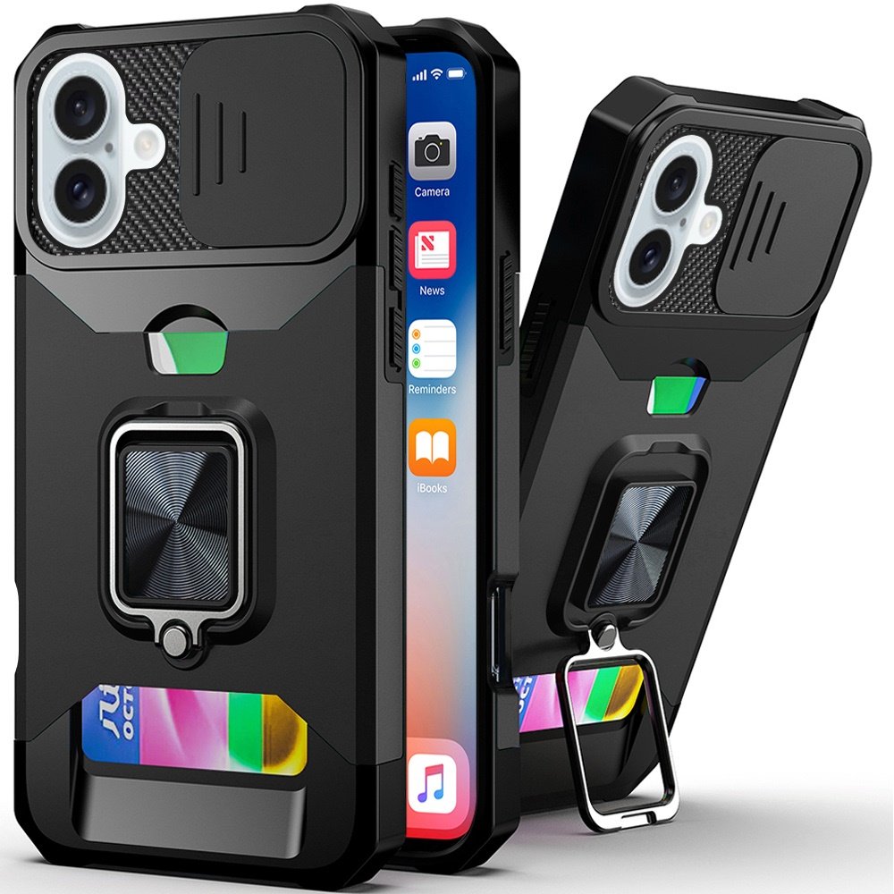 for iphone 16 6.1 inch multi functional card magnetic ring stand hybrid camera case cover black