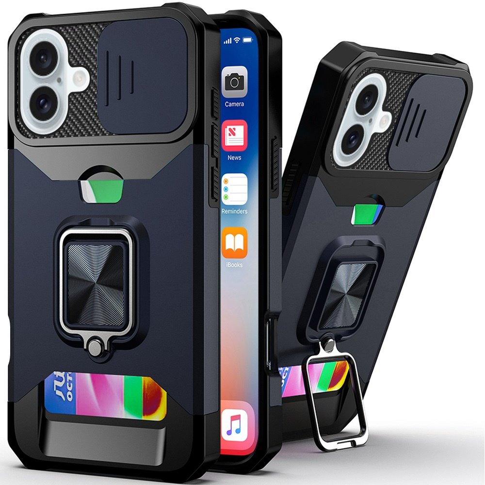for iphone 16 6.1 inch multi functional card magnetic ring stand hybrid camera case cover blue