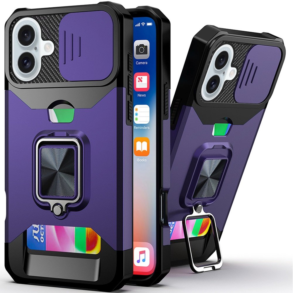for iphone 16 6.1 inch multi functional card magnetic ring stand hybrid camera case cover dark purple
