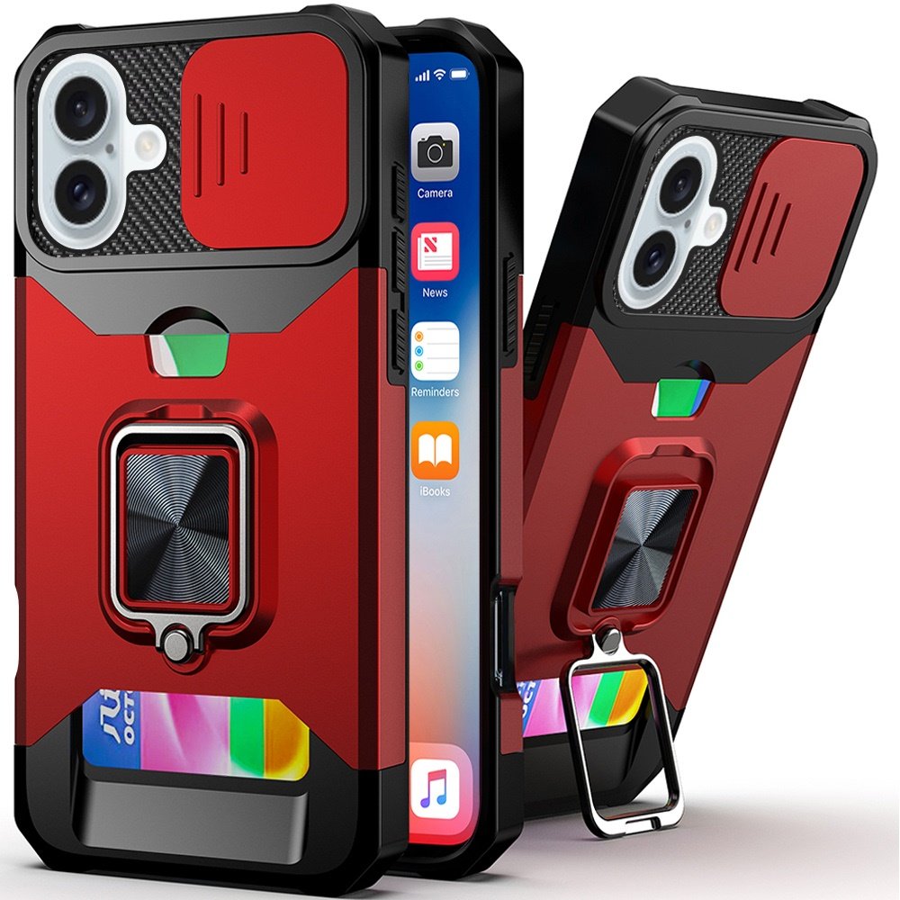 for iphone 16 6.1 inch multi functional card magnetic ring stand hybrid camera case cover red