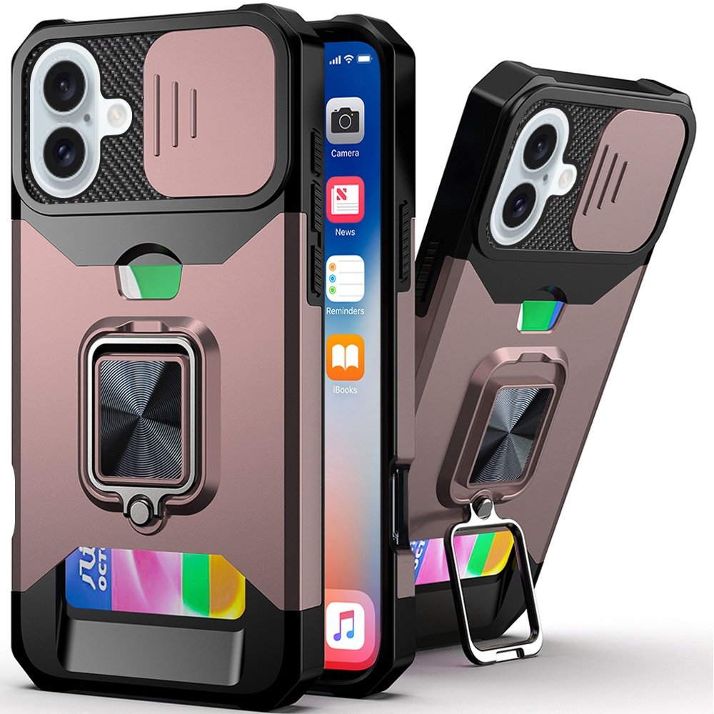for iphone 16 6.1 inch multi functional card magnetic ring stand hybrid camera case cover rose gold
