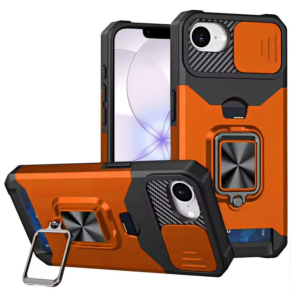 for iphone 16e (e edition) / se4 (2025) multi functional card magnetic ring stand hybrid camera case cover cosmic orange