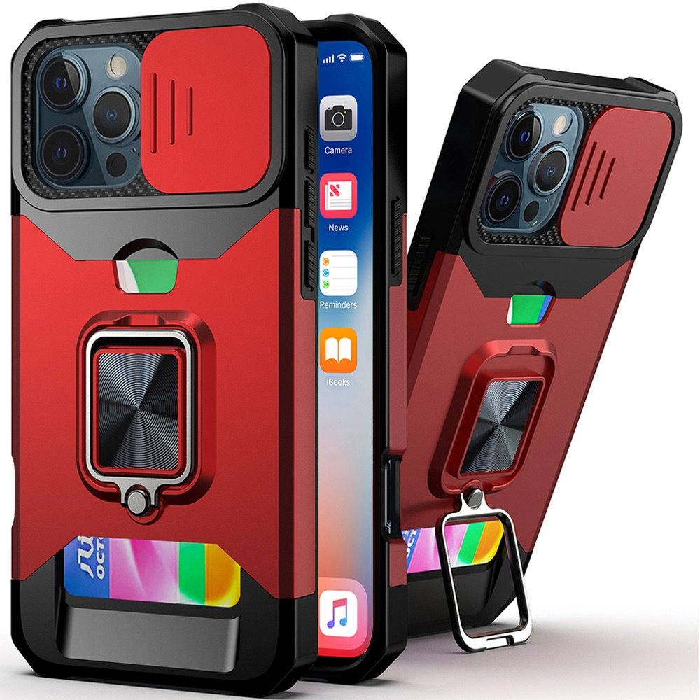 for iphone 16 pro 6.3 inch multi functional card magnetic ring stand hybrid camera case cover red