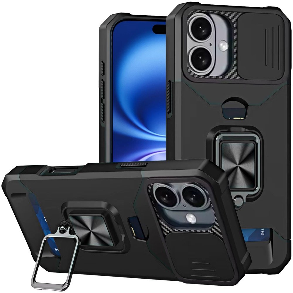 for iphone 17 multi functional card magnetic ring stand hybrid camera case cover black