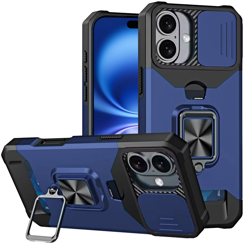 for iphone 17 multi functional card magnetic ring stand hybrid camera case cover blue