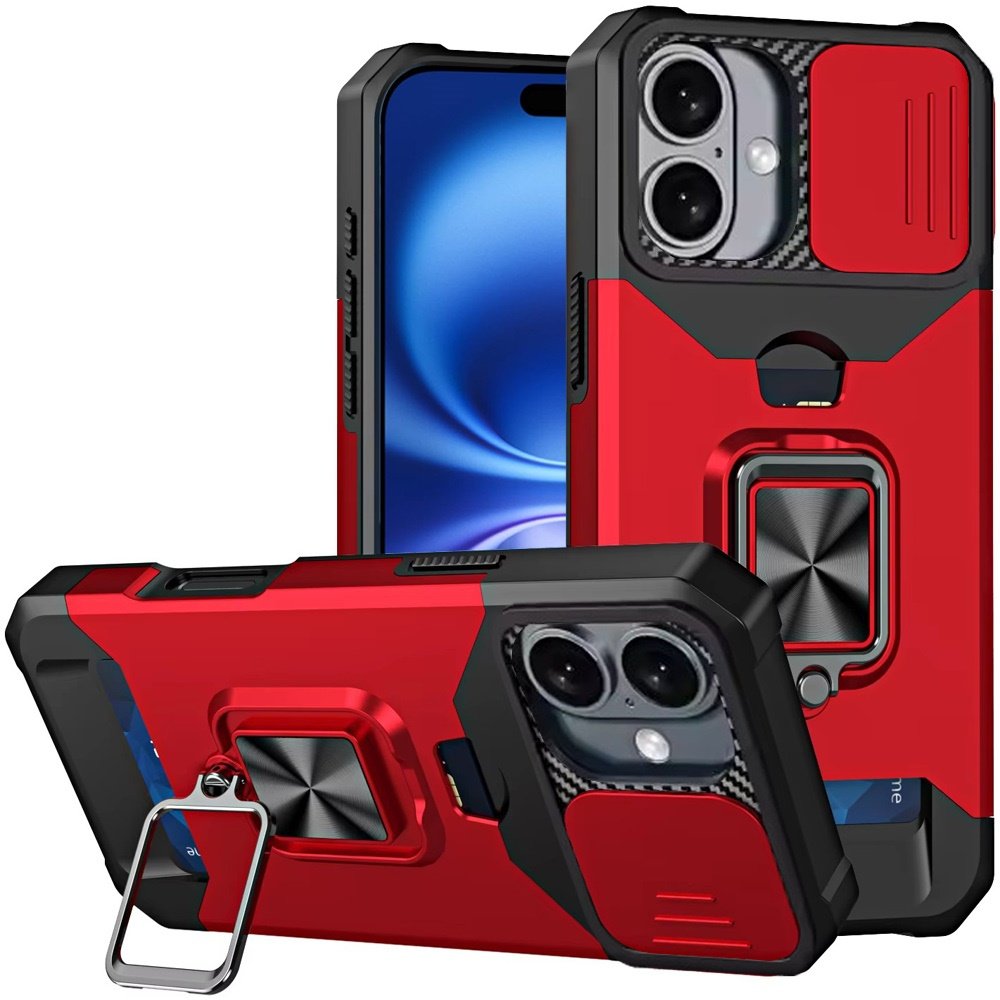 for iphone 17 multi functional card magnetic ring stand hybrid camera case cover red