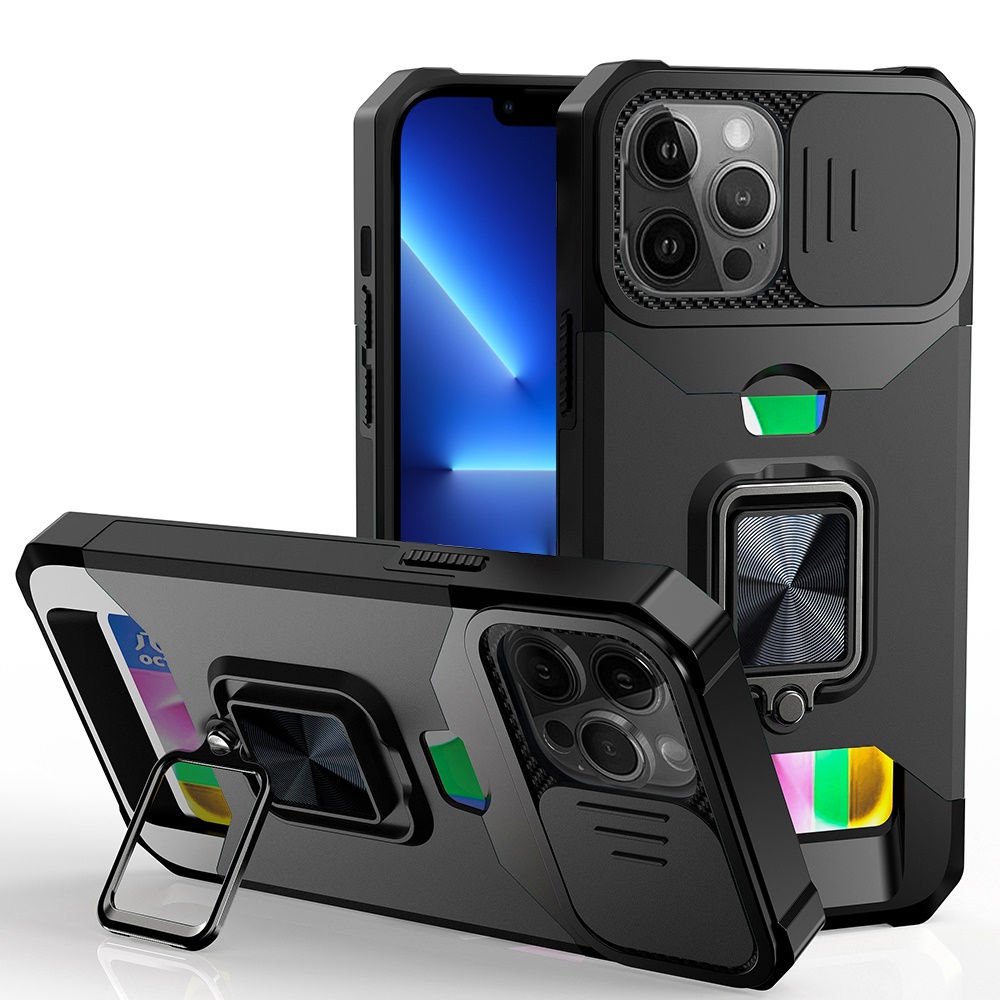 for iphone 13 pro multi functional card magnetic ring stand hybrid camera case cover black