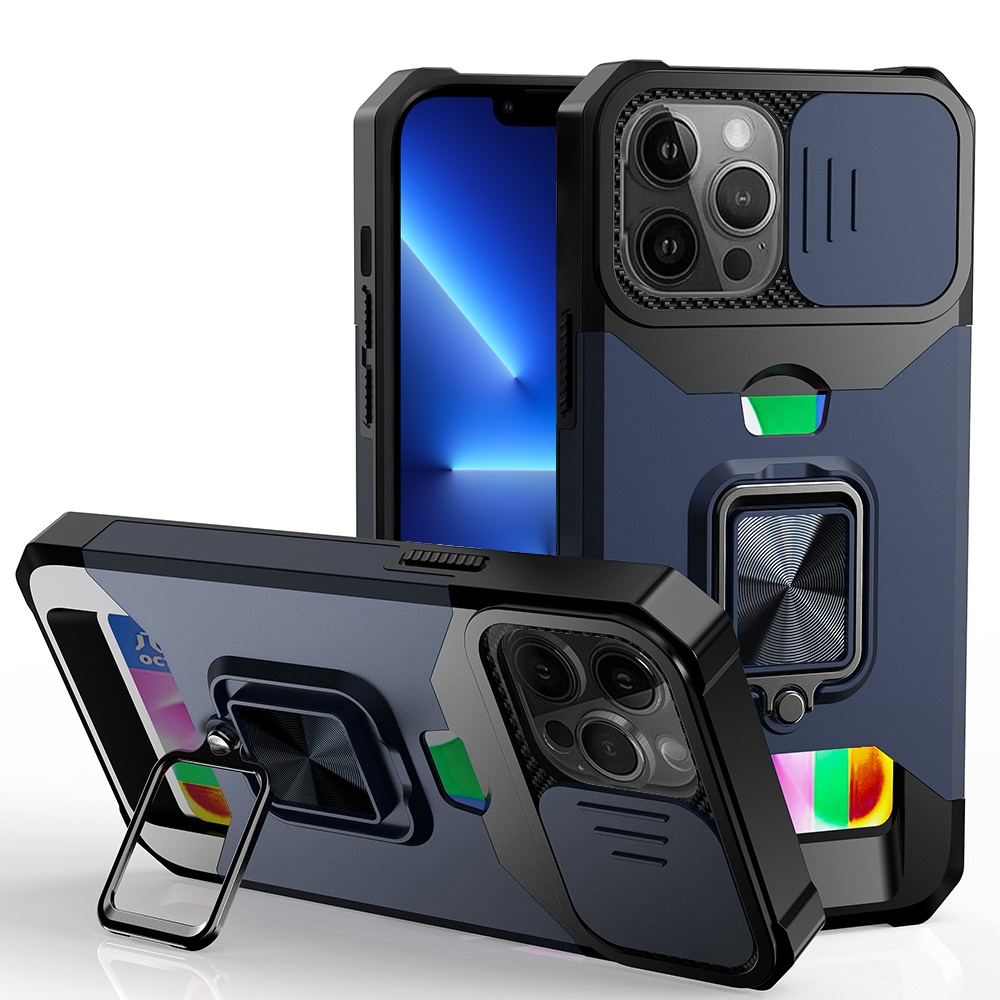 for iphone 13 pro multi functional card magnetic ring stand hybrid camera case cover blue
