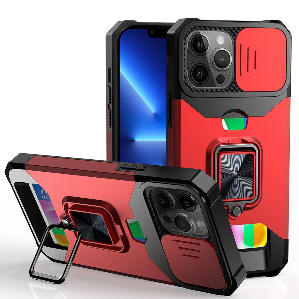 for iphone 13 pro multi functional card magnetic ring stand hybrid camera case cover red