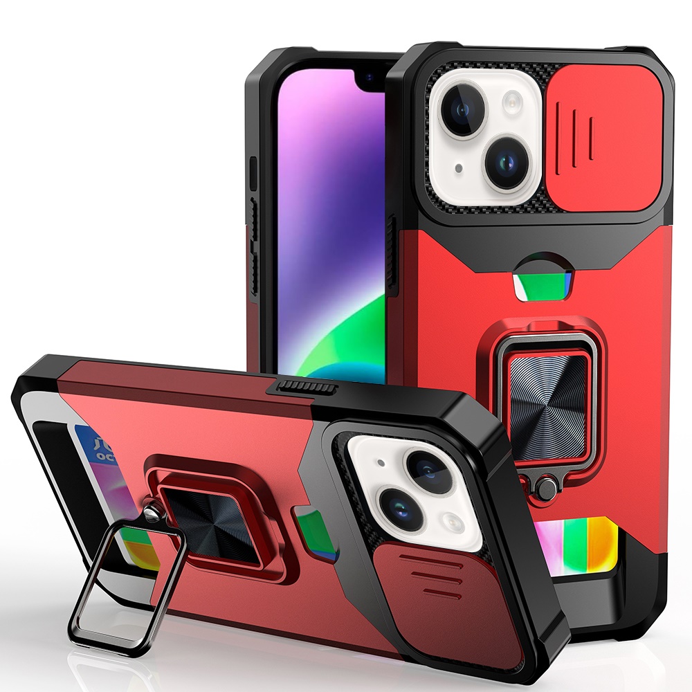 for iphone 13/14 multi functional card magnetic ring stand hybrid camera case cover red