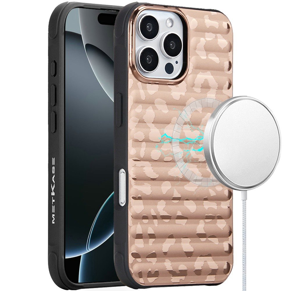 for iphone 16 pro 6.3 inch magnetic chrome case rose gold leopard