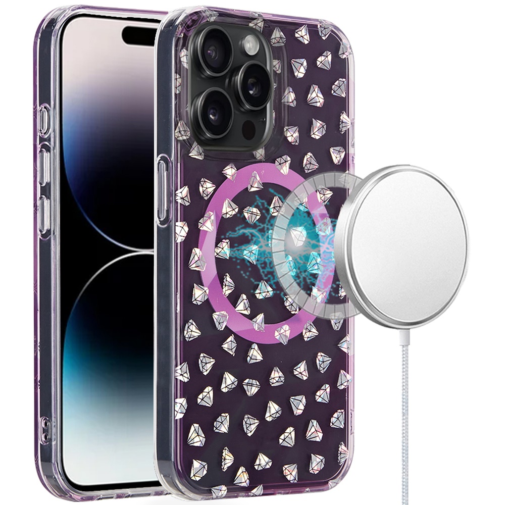 for iphone 14 pro max 6.7" magnetic double layer imd design case diamond holographic pink