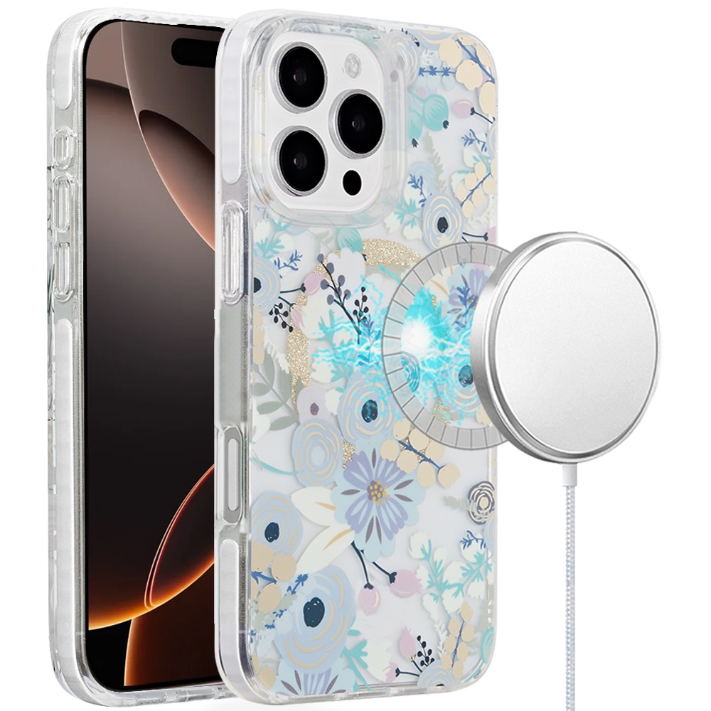 [polybag] for iphone 16 6.1 inch magnetic double layer imd design case blue floral