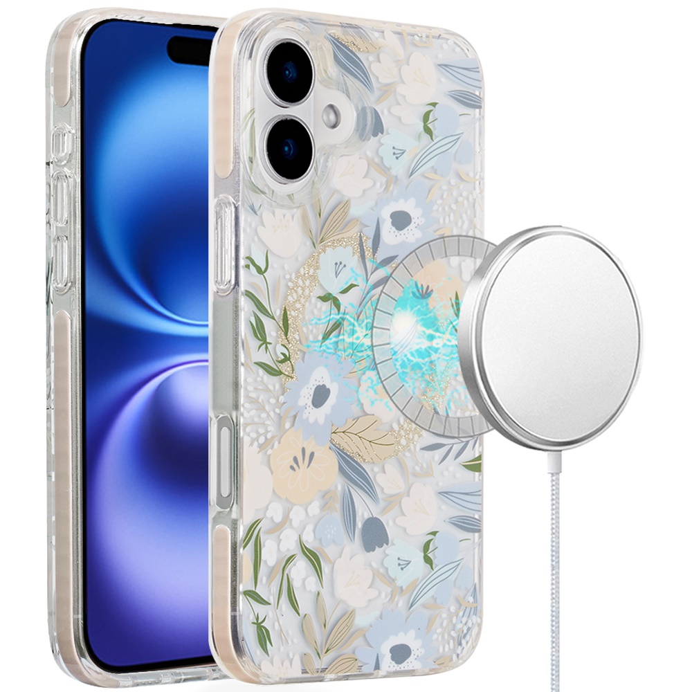 for iphone 16 plus 6.7 inch magnetic double layer imd design case floral b