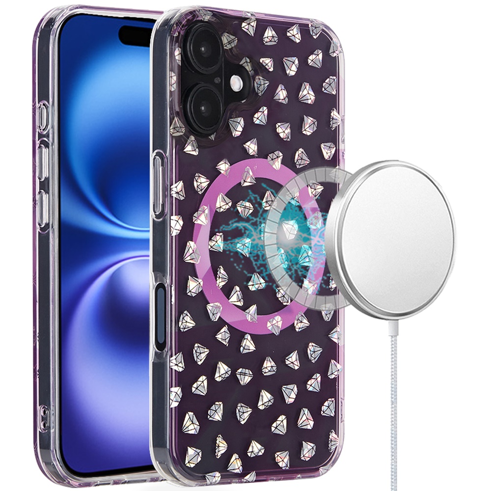 for iphone 16 6.1 inch magnetic double layer imd design case diamond holographic pink