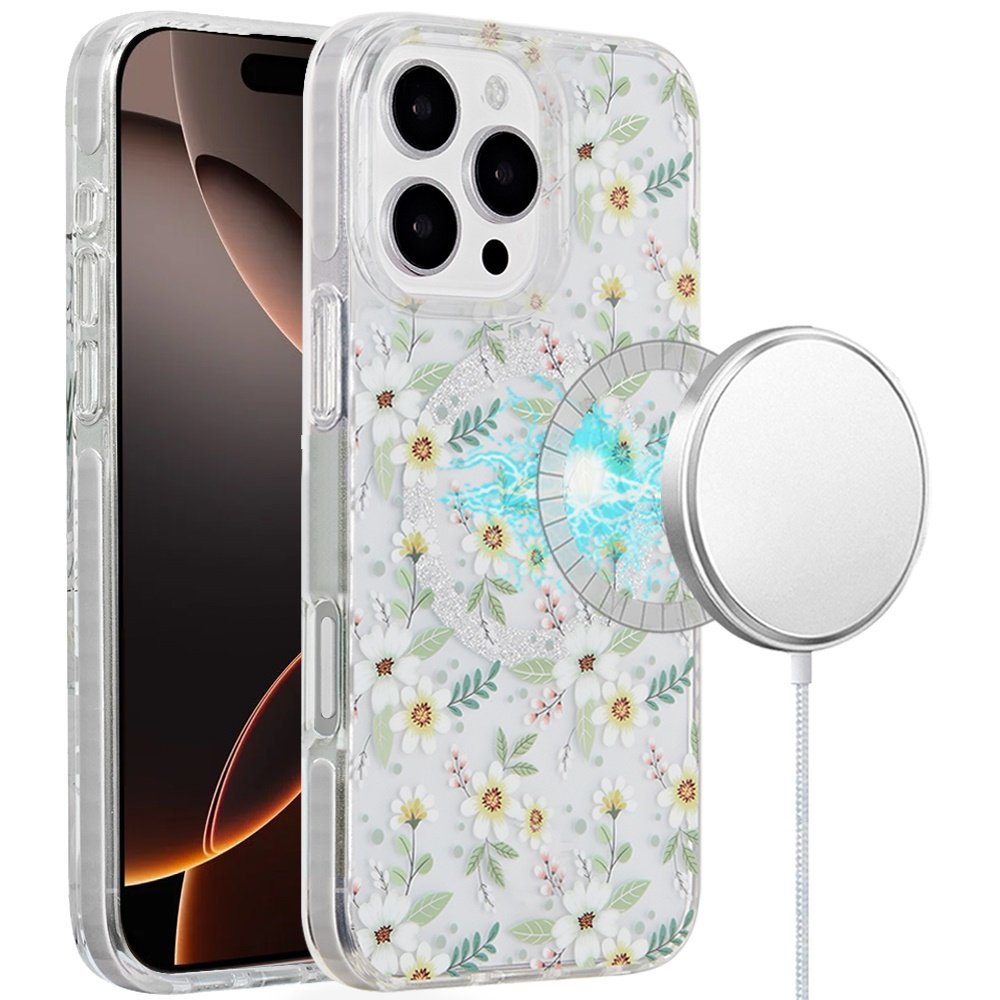 for iphone 16 pro 6.3 inch magnetic double layer imd design case green floral