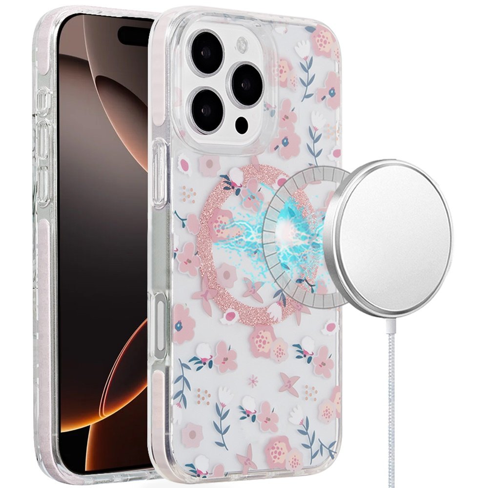 for iphone 16 pro 6.3 inch magnetic double layer imd design case pink floral