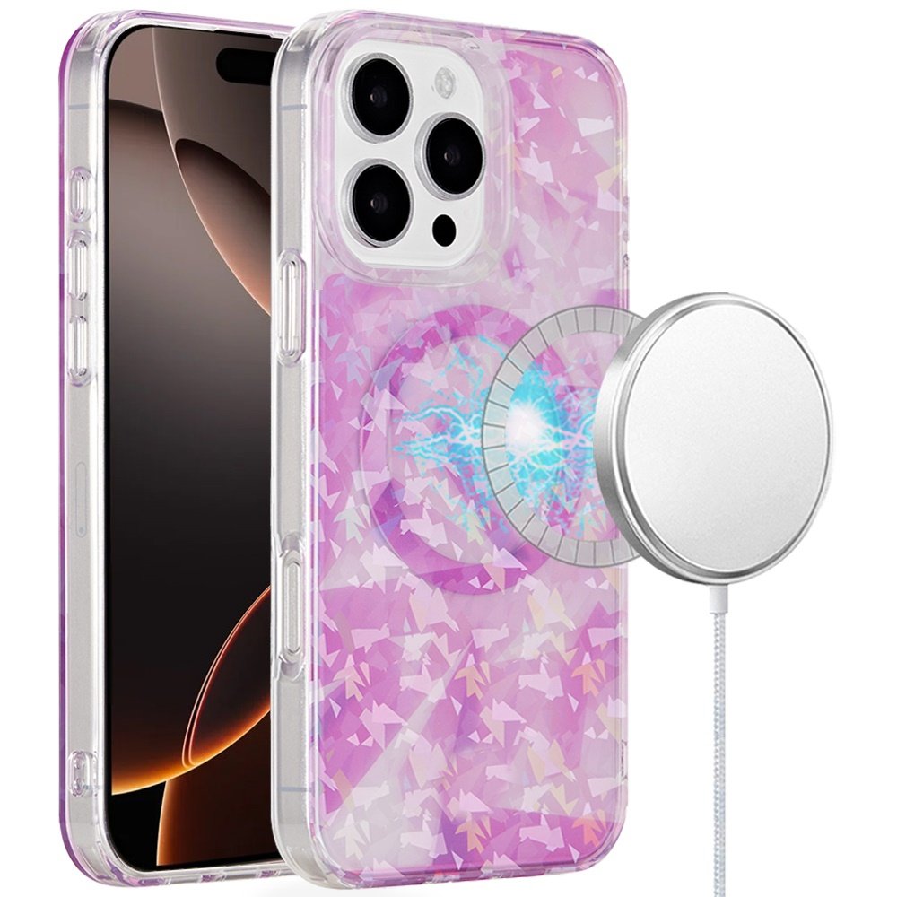 for iphone 16 pro 6.3 inch magnetic double layer imd design case pink holographic