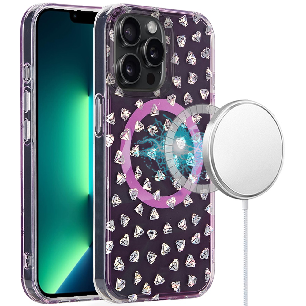 for iphone 13 pro max magnetic double layer imd design case diamond holographic pink