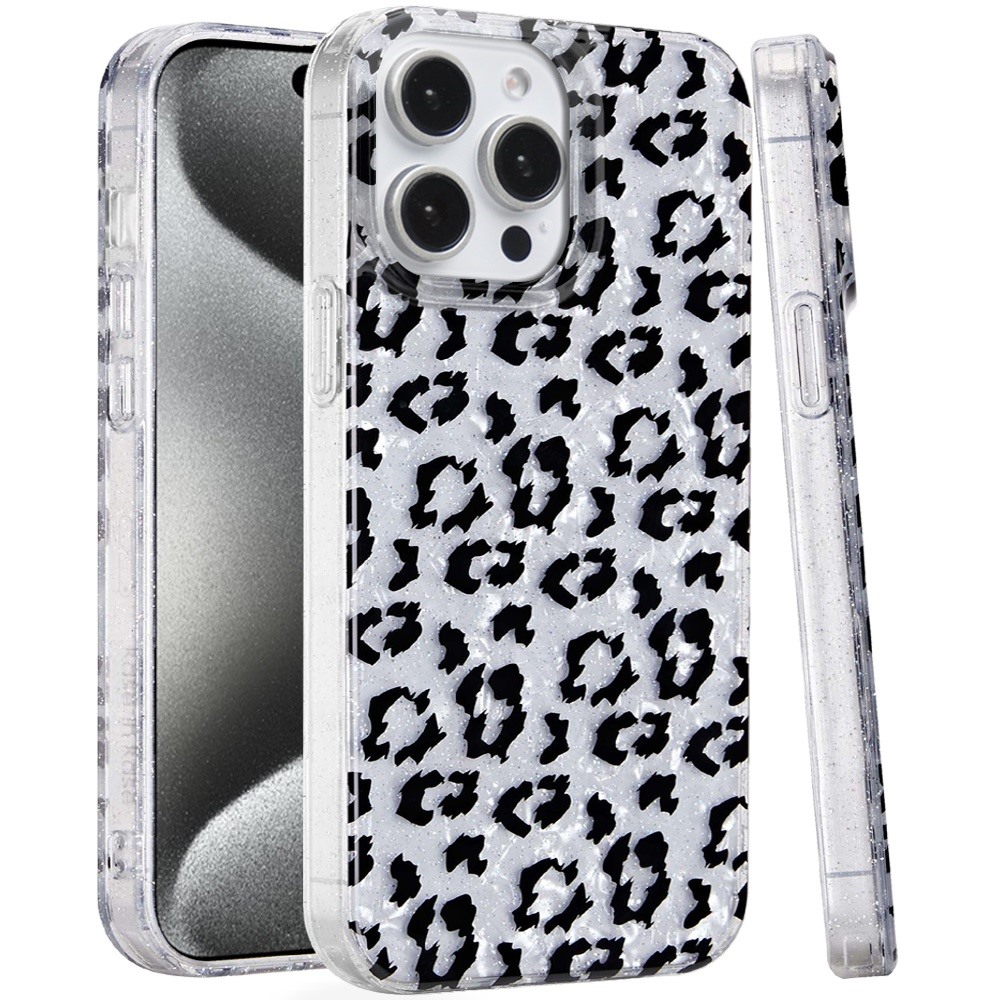 for ip15 pro max glitter double layer design imd tpu case silver leopard