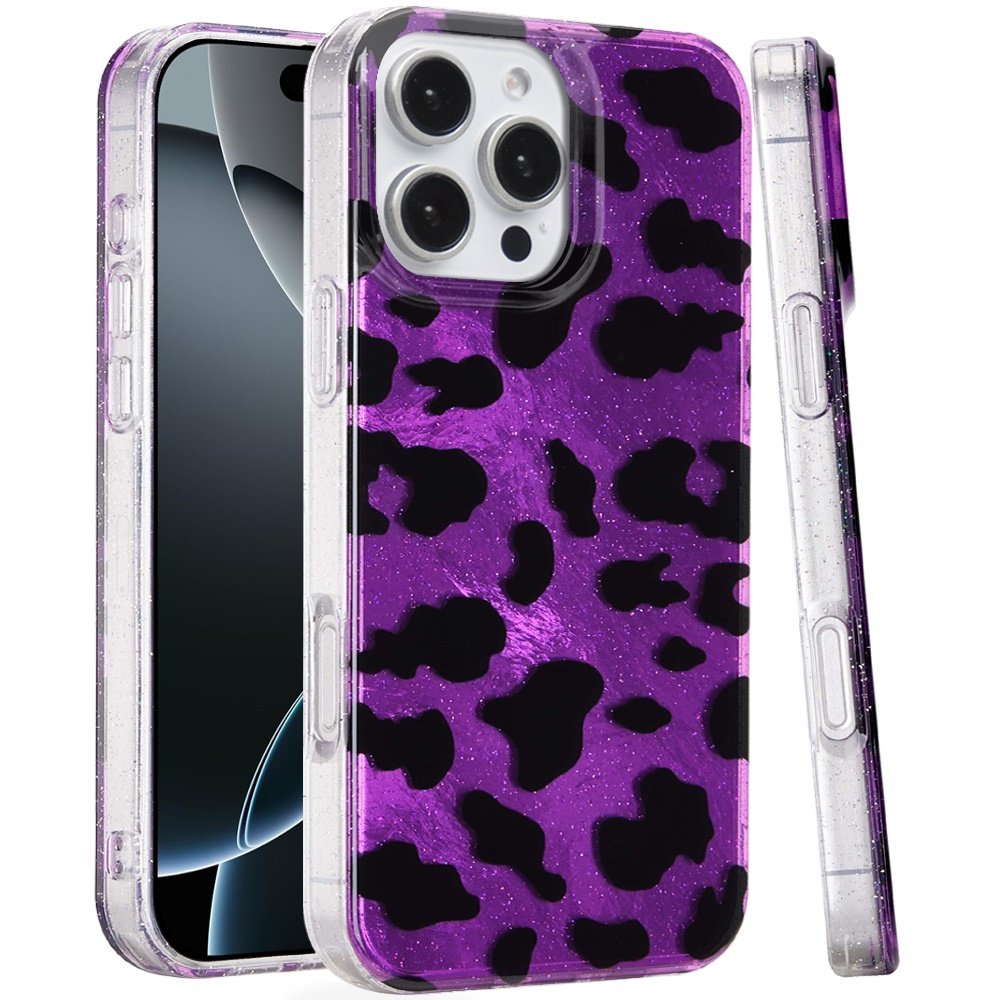for iphone 16 pro max 6.9 glitter double layer design imd tpu case purple leopard