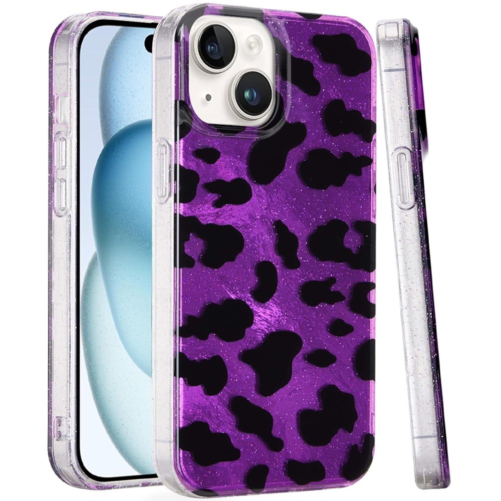for iphone 15 glitter double layer design imd tpu case purple leopard